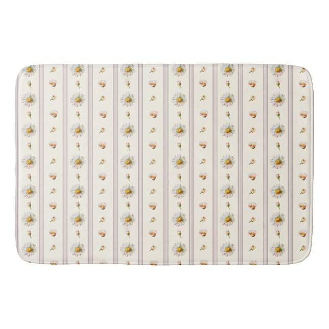 Cute Vintage Daisy Stripes Cream White Bath Mat (Front)