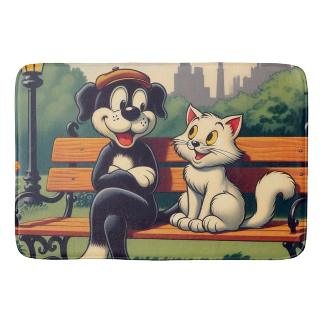 Cute, vintage dog/cat cartoon bath mat (Front)