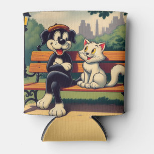 Cute, vintage dog/cat cartoon can cooler