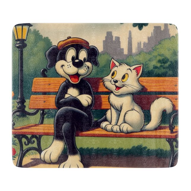 Cute, vintage dog/cat cartoon cutting board (Front)