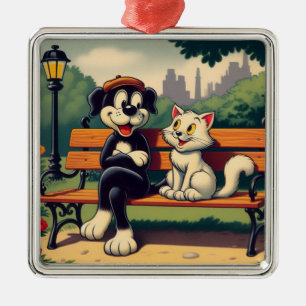 Cute, vintage dog/cat cartoon metal ornament