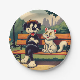 Cute, vintage dog/cat cartoon paper plate