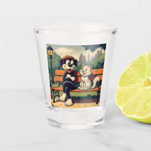 Cute, vintage dog/cat cartoon shot glass