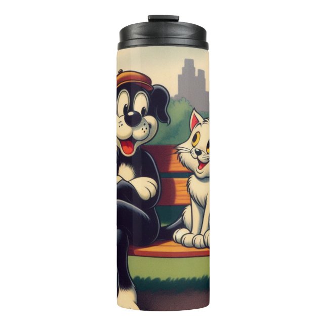 Cute, vintage dog/cat cartoon thermal tumbler (Front)