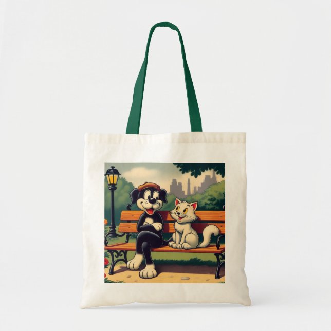 Cute, vintage dog/cat cartoon tote bag (Front)
