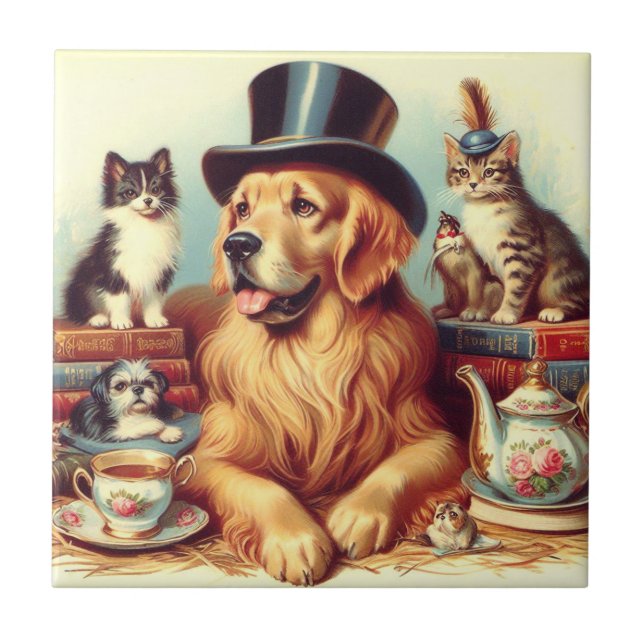 Cute Vintage Dog Painting Ceramic Tile (Front)