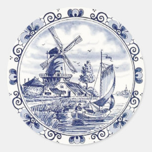 Cute Vintage Dutch Windmill Sailboat Delft Blue Classic Round Sticker