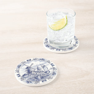 Cute Vintage Dutch Windmill Sailboat Delft Blue Coaster