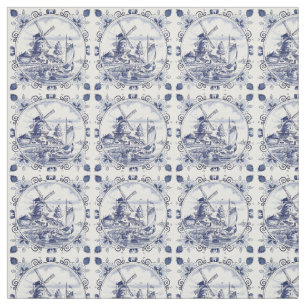 Cute Vintage Dutch Windmill Sailboat Delft Blue Fabric