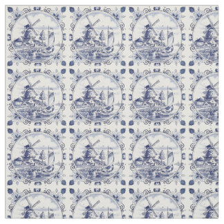 Cute Vintage Dutch Windmill Sailboat Delft Blue Fabric