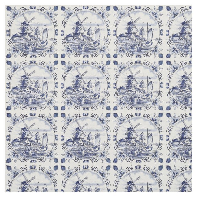 Cute Vintage Dutch Windmill Sailboat Delft Blue Fabric (Swatch)