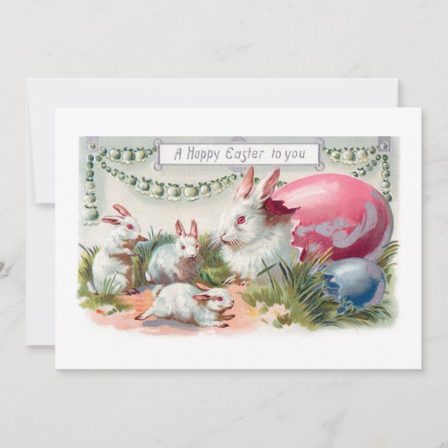Cute Vintage Easter Bunnies and Eggs Holiday Card (Front)