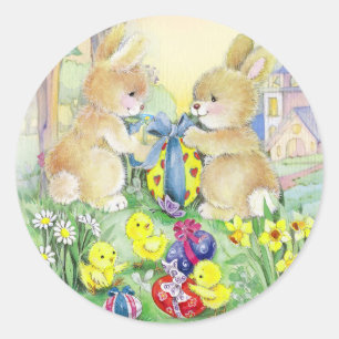 Cute vintage Easter bunnies with church Classic Round Sticker
