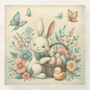 Cute, Vintage Easter bunny & chick Glass Coaster
