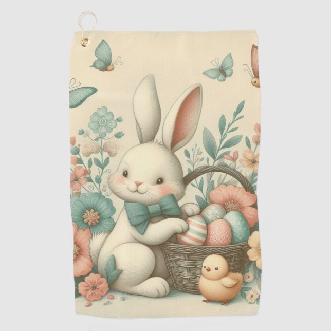 Cute, Vintage Easter bunny & chick Golf Towel (Front)