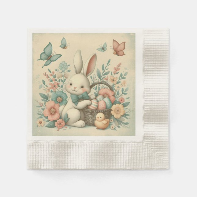 Cute, Vintage Easter bunny & chick Napkin (Front)