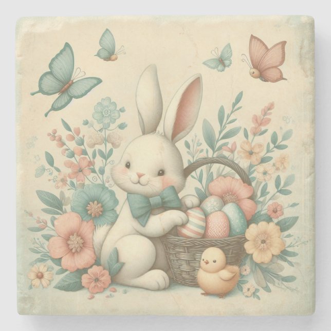 Cute, Vintage Easter bunny & chick Stone Coaster (Front)