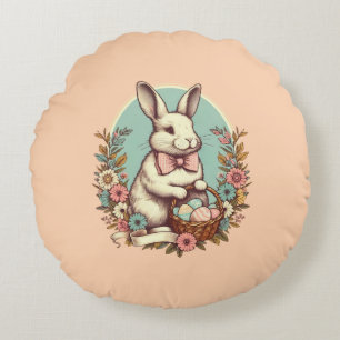 Cute, vintage Easter bunny/egg/basket Round Cushion