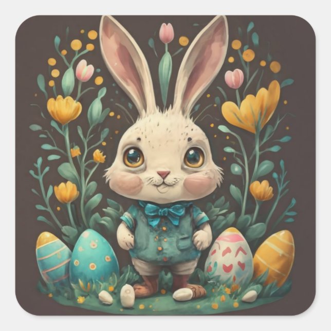 Cute Vintage Easter Bunny Eggs Square Stickers (Front)