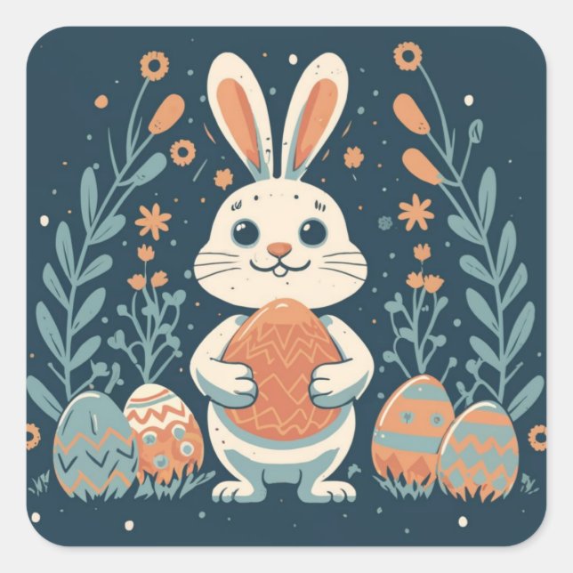 Cute Vintage Easter Bunny Eggs Square Stickers (Front)