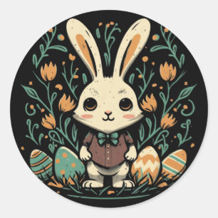 Cute Vintage Easter Bunny Flowers Round Stickers