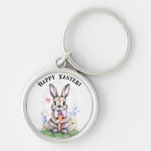 Cute Vintage Easter Bunny Rabbit Watercolor Key Ring