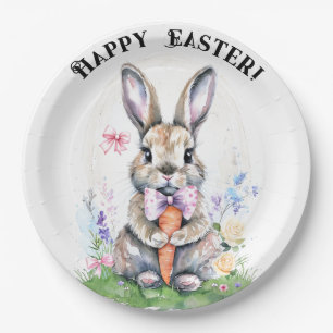 Cute Vintage Easter Bunny Rabbit Watercolor Paper Plate