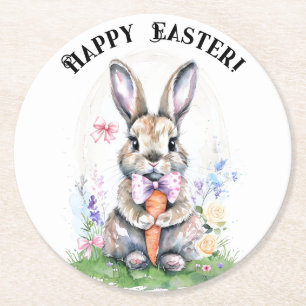 Cute Vintage Easter Bunny Rabbit Watercolor Round Paper Coaster