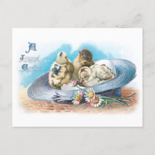 Cute Vintage Easter Chicks in Straw Hat Holiday Postcard