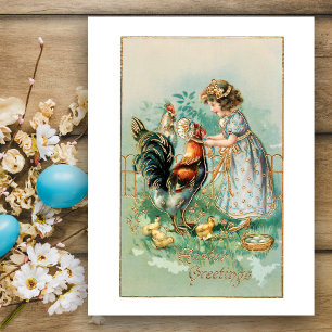 Cute Vintage Easter Greetings, Farm Girl and Hens Postcard