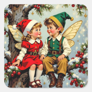 Cute Vintage Elven Fairy Children Christmas Square Sticker