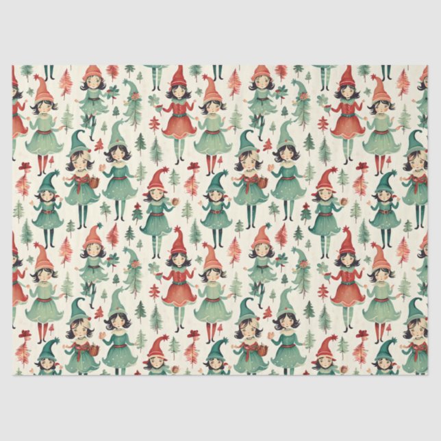 Cute Vintage Elves Christmas Seasonal  Tissue Paper (Front)