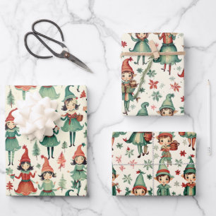 Cute Vintage Elves Christmas Seasonal  Wrapping Paper Sheet