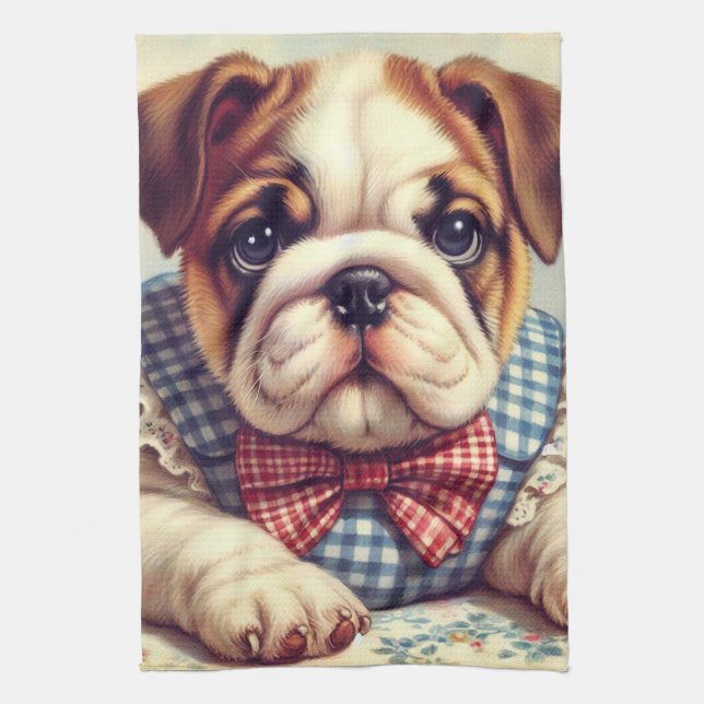 Cute Vintage English Bulldog Art Tea Towel (Vertical)