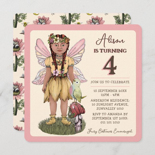 Cute Vintage Fairy Fourth Birthday Party  Invitation (Front/Back)