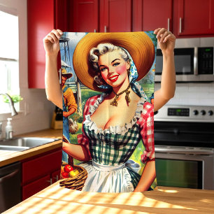 Cute Vintage Farmer Pinup Tea Towel