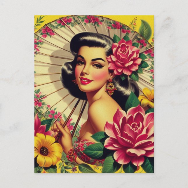 Cute Vintage Floral Girl Postcard (Front)