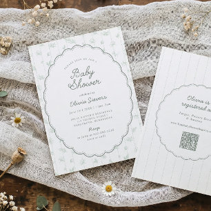 Cute Vintage Floral Sage Oval Frame Baby Shower Invitation