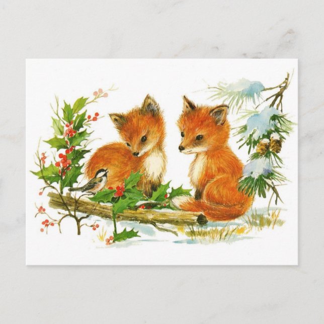 Cute Vintage Fox Christmas Scene Holiday Postcard (Front)