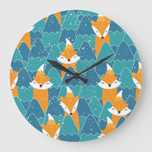Cute Vintage Foxes Illustration Large Clock (Front)