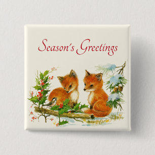 Cute Vintage Foxes Retro Christmas Scene 15 Cm Square Badge