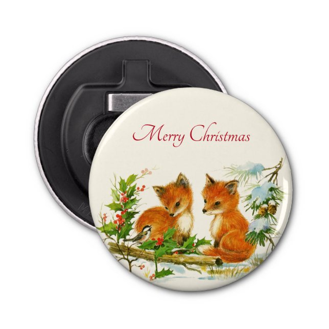 Cute Vintage Foxes Retro Christmas Scene Bottle Opener (Front)
