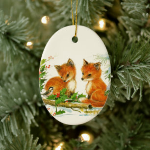  Cute Vintage Foxes Retro Christmas Scene Ceramic Ornament