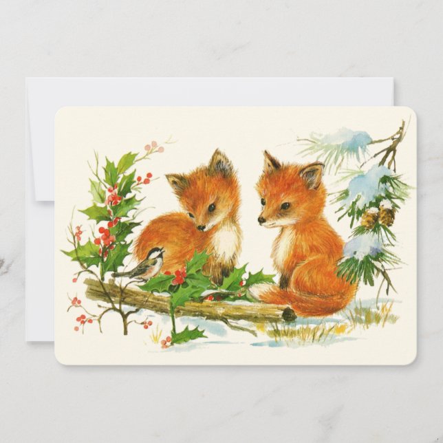 Cute Vintage Foxes Retro Christmas Scene Holiday Card (Front)