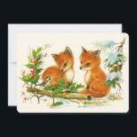Cute Vintage Foxes Retro Christmas Scene Holiday Card<br><div class="desc">A flat card with a delightful drawing of a pair of foxes with a friendly bird nearby. Surrounded by holly and pine cones and other winter foliage.</div>