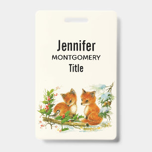 Cute Vintage Foxes Retro Christmas Scene ID Badge