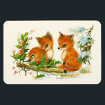 Cute Vintage Foxes Retro Christmas Scene Magnet<br><div class="desc">A flexible magnet with a delightful drawing of a pair of foxes with a friendly bird nearby. Surrounded by holly and pine cones and other winter foliage.</div>