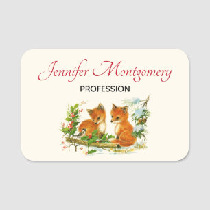 Cute Vintage Foxes Retro Christmas Scene Name Tag