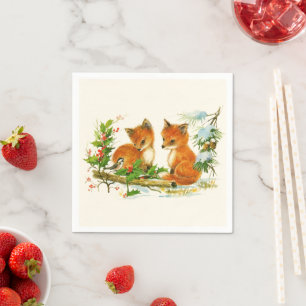 Cute Vintage Foxes Retro Christmas Scene Napkin