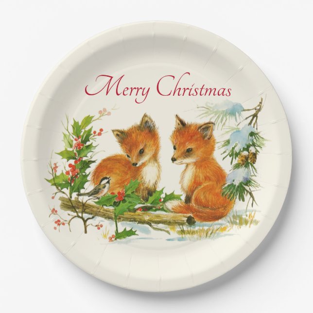 Cute Vintage Foxes Retro Christmas Scene Paper Plate (Front)